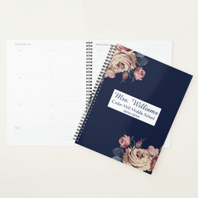 Cute Navy Blue Floral Personalised Teacher Planner (Display)