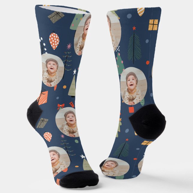 Cute Navy Blue Funny Christmas Photo Holiday Socks (Angled)