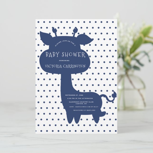Cute Navy Blue Giraffe Polkadot Baby Shower  Invitation (Standing Front)