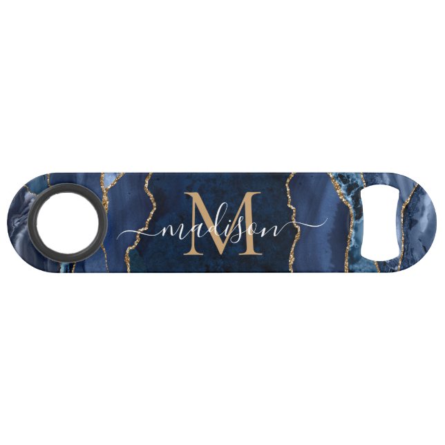Cute Navy Blue Gold Glitter Agate Geode Monogram (Front (Horizontal))