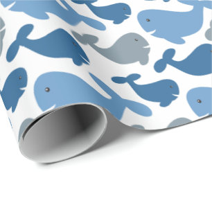 Cute Navy Blue Gray Whale Kids Wrapping Paper