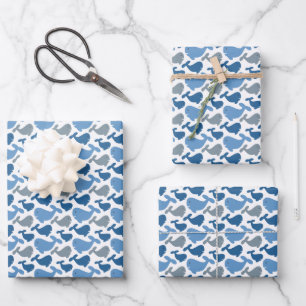 Cute Navy Blue Grey Whale Kids Wrapping Paper Sheet