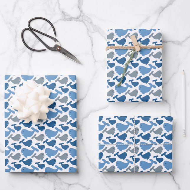 Cute Navy Blue Grey Whale Kids Wrapping Paper Sheet (Front)
