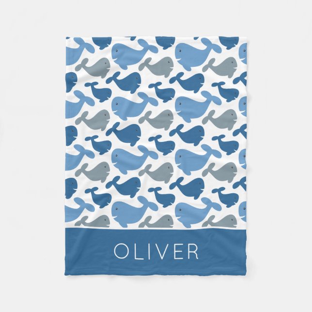 Cute Navy Blue Grey Whale Personalised Boy Fleece Blanket (Front)