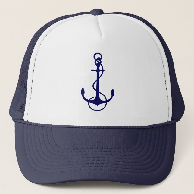 Cute Navy Blue Nautical Boat Anchor Trucker Hat (Front)