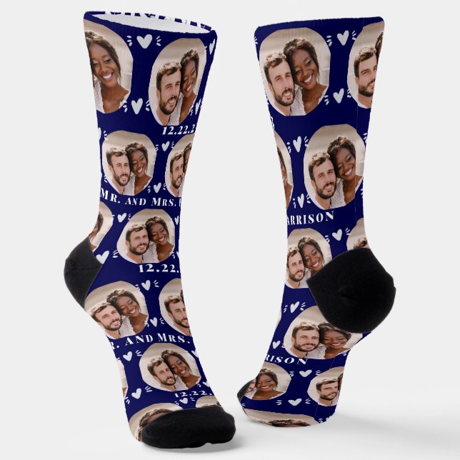 Cute Navy Blue Newlyweds Photo Wedding  Socks (Angled)