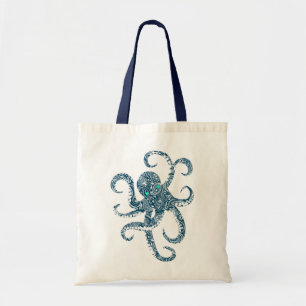 Cute Navy Blue Octopus White paisley Overlay Tote Bag