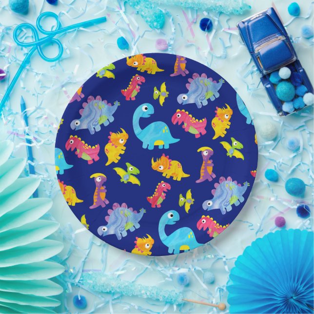 Cute Navy Blue Pattern Dinosaur Birthday Paper Plate (Party)