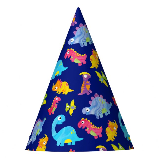 Cute Navy Blue Pattern Dinosaur Birthday Party Hat (Front)