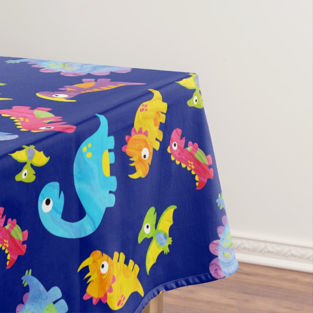 Cute Navy Blue Pattern Dinosaur Birthday Tablecloth (In Situ)