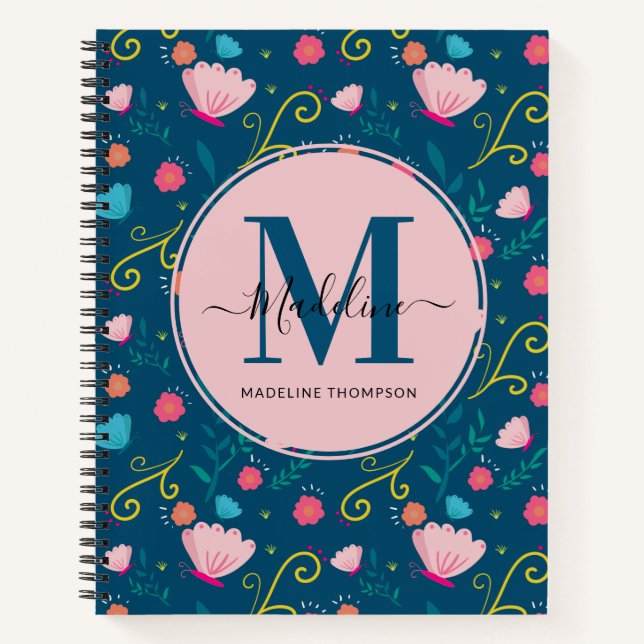 Cute Navy Blue Pink Butterfly Flower Monogram Notebook (Front)