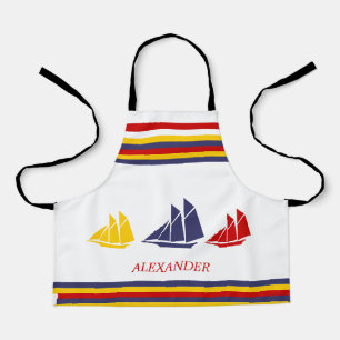Cute Navy Blue Red Yellow Sailboat Stripe nautical Apron