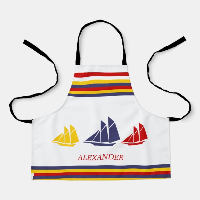 Cute Navy Blue Red Yellow Sailboat Stripe nautical Apron (Front)