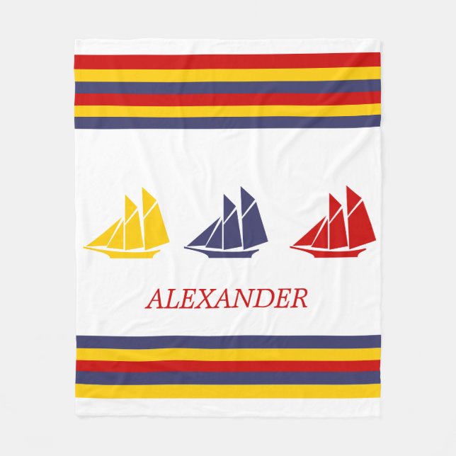 Cute Navy Blue Red Yellow Sailboat Stripe nautical Fleece Blanket (Front)