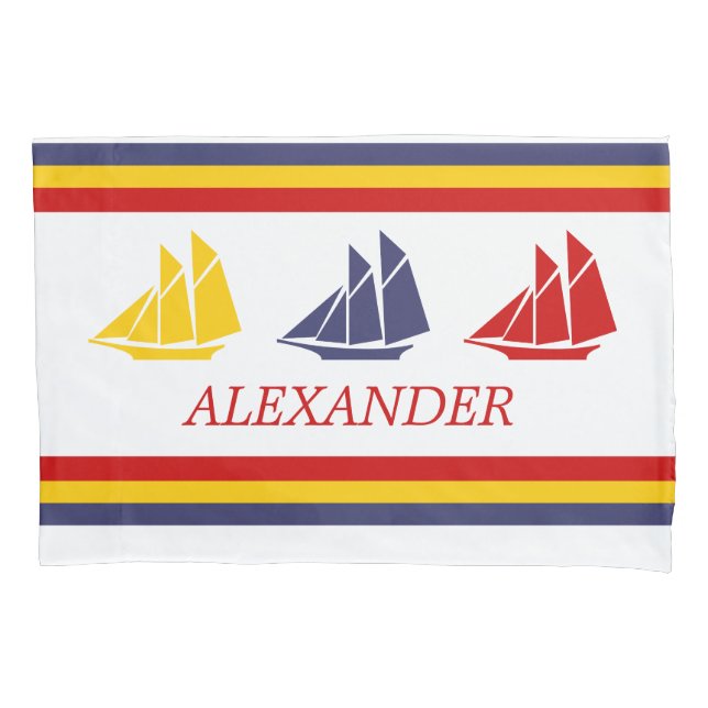 Cute Navy Blue Red Yellow Sailboat Stripe nautical Pillowcase (Front)