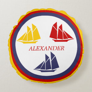 Cute Navy Blue Red Yellow Sailboat Stripe nautical Round Cushion
