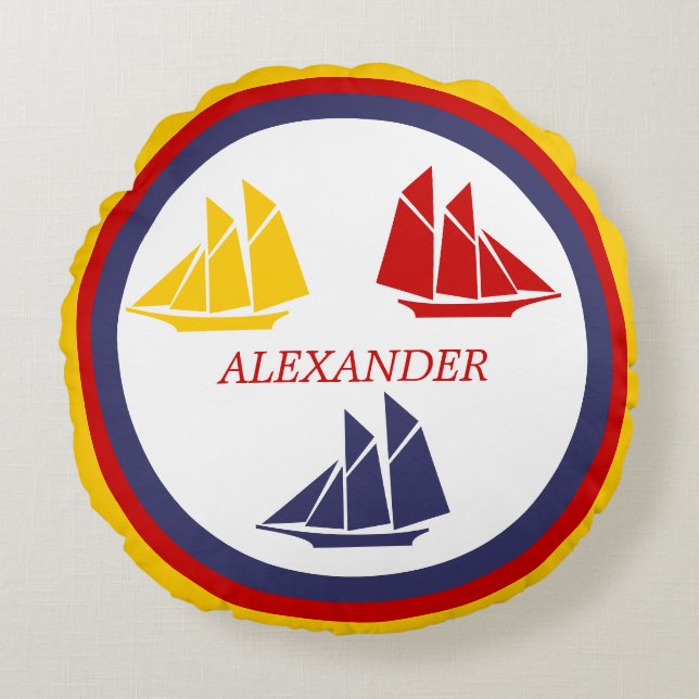 Cute Navy Blue Red Yellow Sailboat Stripe nautical Round Cushion (Front)