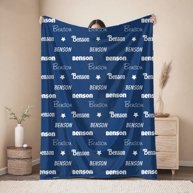 Cute navy blue repeating name personalised  fleece blanket (Creator Uploaded)