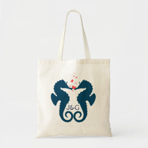Cute Navy Blue Seahorses Red Hearts Tote Bag