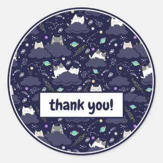 Cute Navy Blue Space Kawaii Cats KittensThank You  Classic Round Sticker