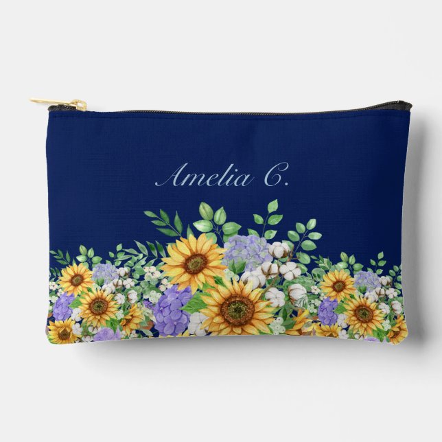 Cute Navy Blue Watercolor Wildflowers Cosmetic Bag (Front)