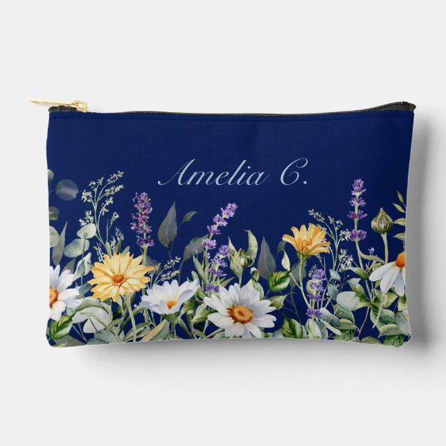 Cute Navy Blue Watercolor Wildflowers Cosmetic Bag (Front)