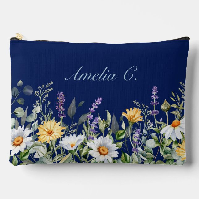 Cute Navy Blue Watercolor Wildflowers Cosmetic Bag (Front)