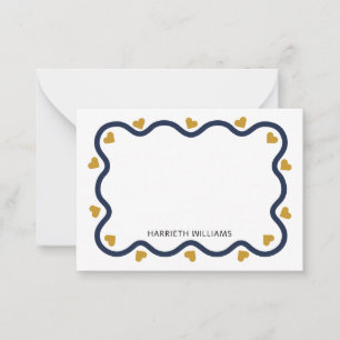 Cute Navy Blue Wave Border and Gold Heart Card