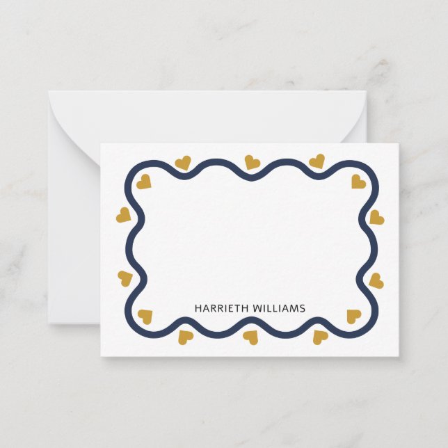 Cute Navy Blue Wave Border and Gold Heart Card (Front)