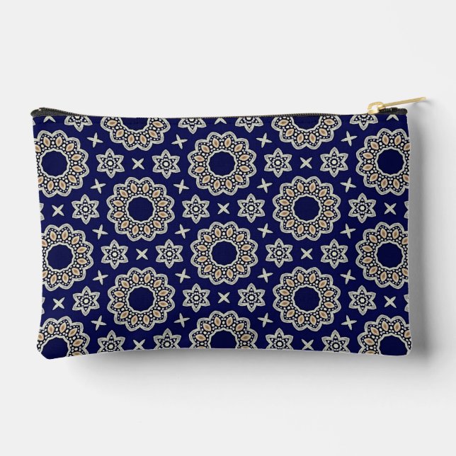 Cute Navy Blue White & Gold Mandala Dot Art Design Accessory Pouch (Back)