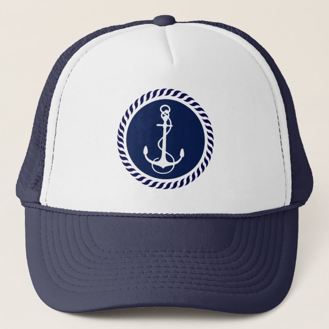 Cute Navy Blue & White Nautical Boat Anchor 2 Trucker Hat (Front)