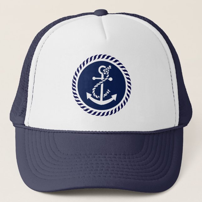 Cute Navy Blue & White Nautical Boat Anchor Trucker Hat (Front)