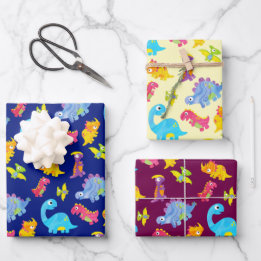 Cute Navy Blue, Yellow & Purple Dinosaur Birthday Wrapping Paper Sheet
