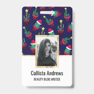 Cute Navy Decorated Cactus Tree Christmas Lights ID Badge