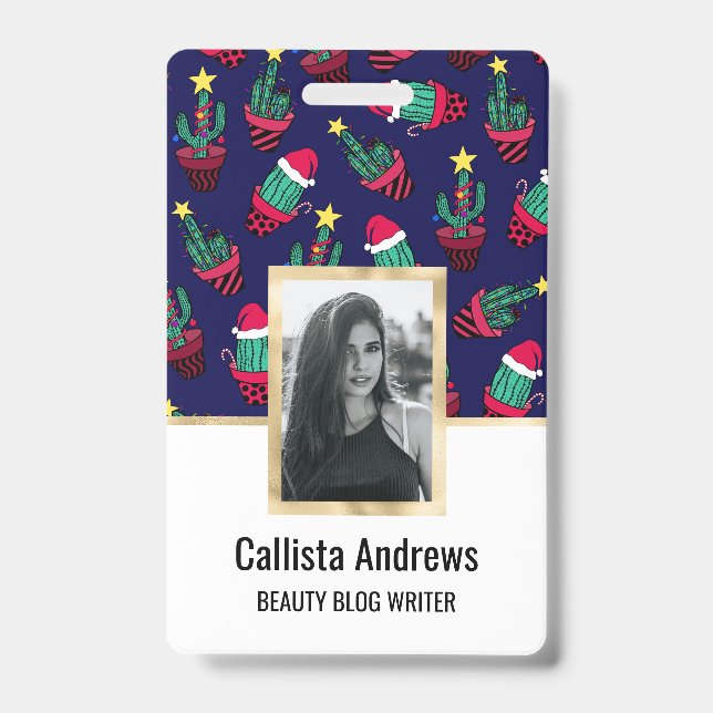Cute Navy Decorated Cactus Tree Christmas Lights ID Badge (Front)