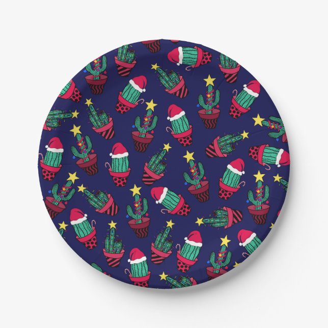 Cute Navy Decorated Cactus Tree Christmas Lights Paper Plate (Front)