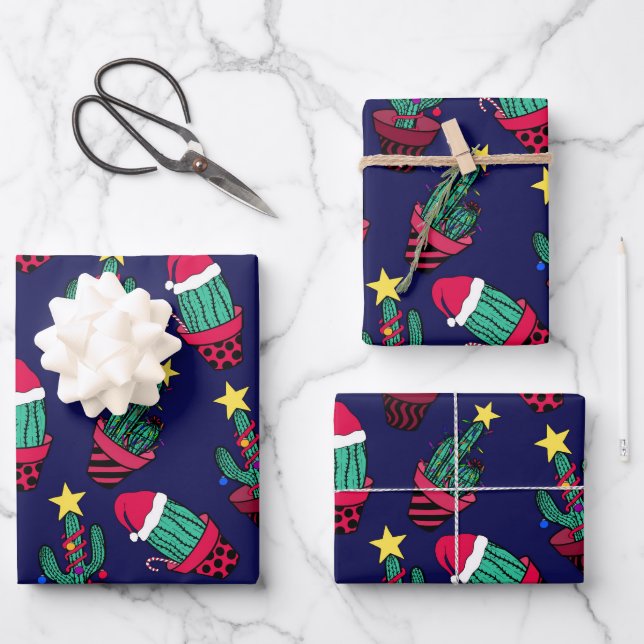 Cute Navy Decorated Cactus Tree Christmas Lights Wrapping Paper Sheet (Front)