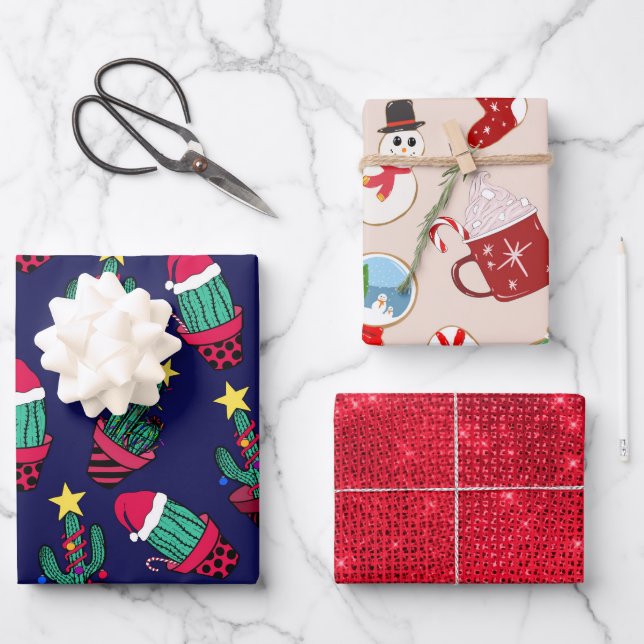 Cute Navy Decorated Cactus Tree Christmas Lights Wrapping Paper Sheet (Front)