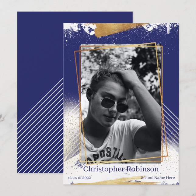 Cute Navy & Gold Framed Graduation Announcement (Front/Back)