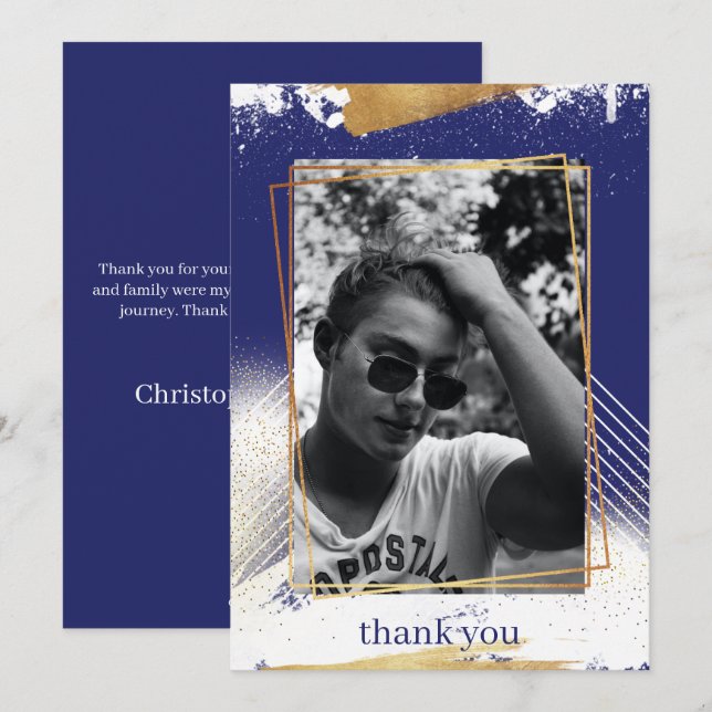 Cute Navy & Gold Framed Graduation Thank You Card (Front/Back)