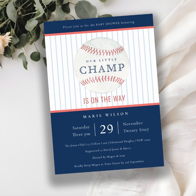 Cute Navy Our Little Champ Baseball Baby Shower Invitation (Creator Uploaded)