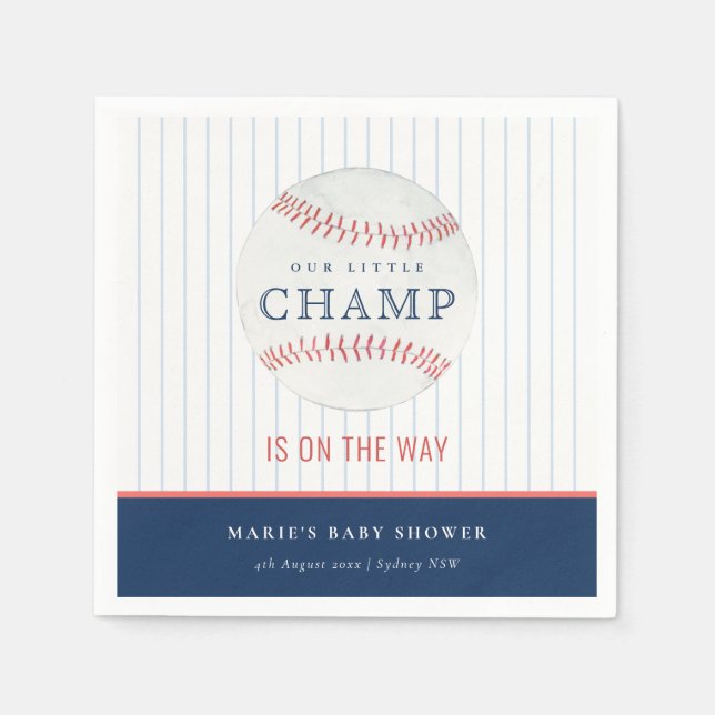 Cute Navy Our Little Champ Baseball Baby Shower Napkin (Front)