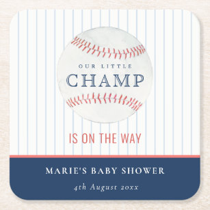 Cute Navy Our Little Champ Baseball Baby Shower Square Paper Coaster