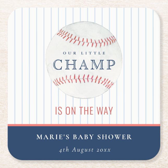 Cute Navy Our Little Champ Baseball Baby Shower Square Paper Coaster (Front)