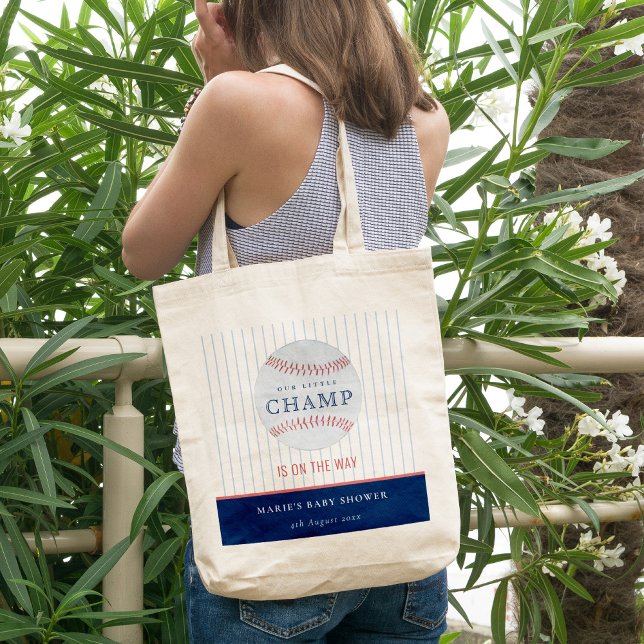 Cute Navy Our Little Champ Baseball Baby Shower Tote Bag (Creator Uploaded)