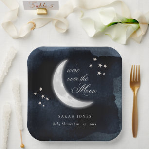 Cute Navy Over the Moon Glowing Stars Baby Shower Paper Plate