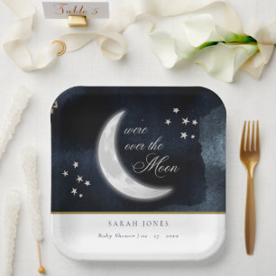 Cute Navy Over the Moon Glowing Stars Baby Shower Paper Plate