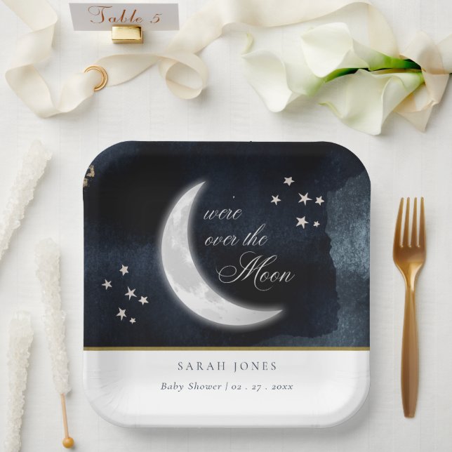 Cute Navy Over the Moon Glowing Stars Baby Shower Paper Plate (Wedding)