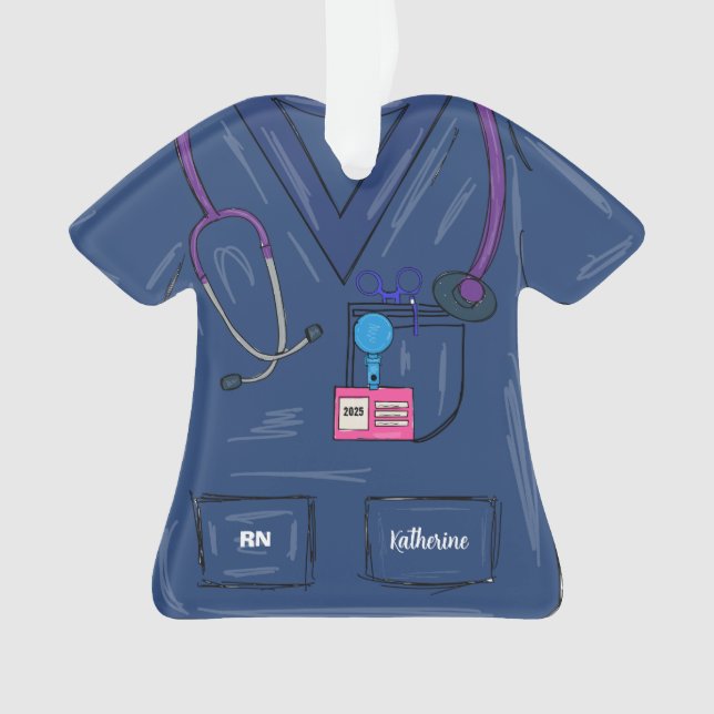 Cute Navy Personalised Nurse Scrub Christmas Ornament (Front)