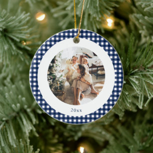 Cute Navy Plaid Custom Photo Christmas Holiday Ceramic Tree Decoration